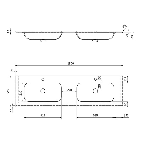 Sapho ARUBA dvojumyvadlo, Rockstone, 180x51, 5cm, bílá mat AR180-B2M