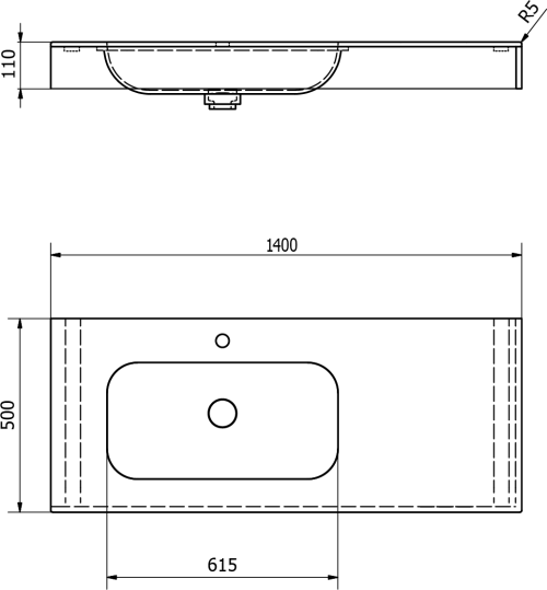 Sapho EMICO umyvadlo, Rockstone, 140x50cm, límec L, levé, bílá mat EM140-B1L-L