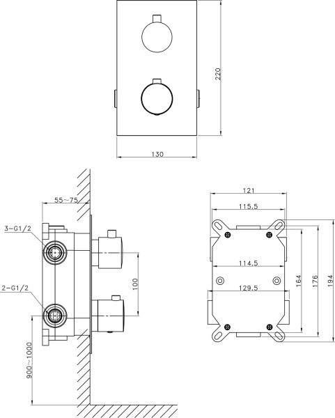Sapho KIMURA podomítková sprchová termostatická baterie, box, 3 výstupy, chrom KU383