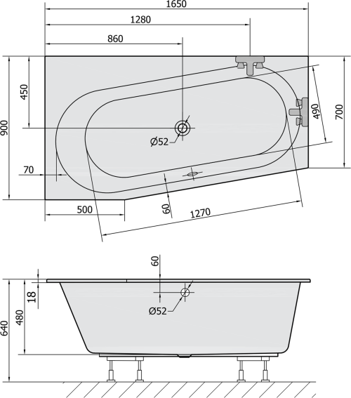 Polysan ASTRA WL SLIM asymetrická vana 165x90x48cm, bílá 30611S