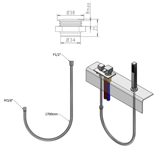 Sapho Sprchová průchodka na okraj vany včetně hadice  F1/2"-M3/8", kulatá, chrom 1205-04