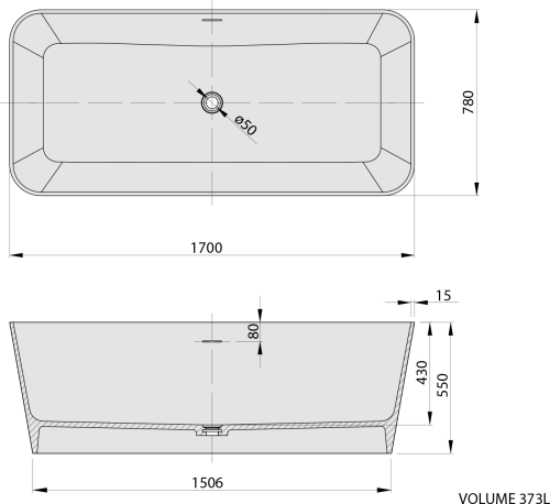 Polysan LEYLA volně stojící vana, solid surface 170x78x55cm, bílá mat 92530