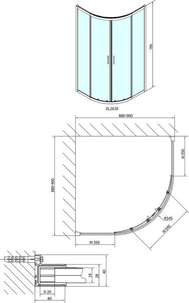 Polysan EASY čtvrtkruhová sprchová zástěna 900x900mm, sklo Brick EL2638