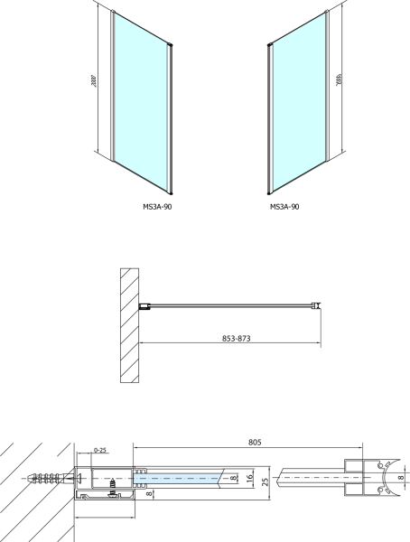 Polysan MODULAR SHOWER stěna k instalaci na zeď, pro připojení otočného panelu, 900 mm MS3A-90