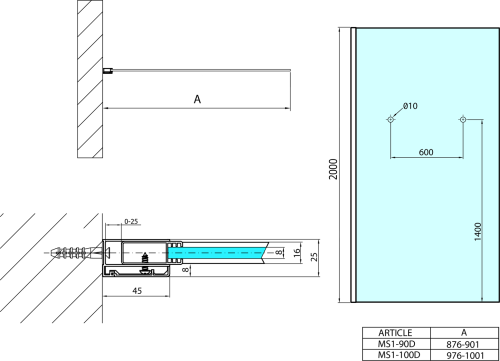Polysan MODULAR SHOWER jednodílná zástěna pevná k instalaci na zeď, s otvory na držák ručníků, 1000 mm MS1-100-D