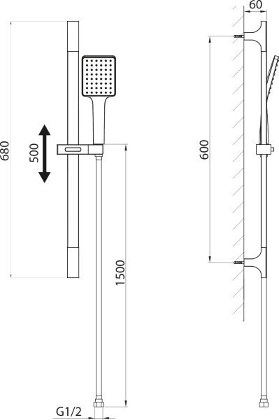 Sapho Sprchová souprava hranatá, posuvný držák 680mm, černá mat SC815B