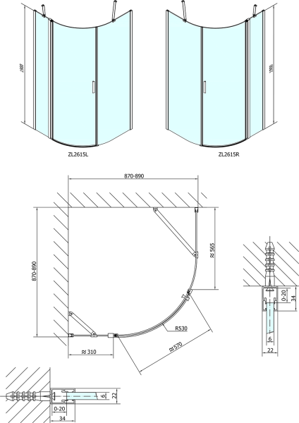 Polysan ZOOM čtvrtkruhová sprchová zástěna 900x900mm, čiré sklo, levá ZL2615L