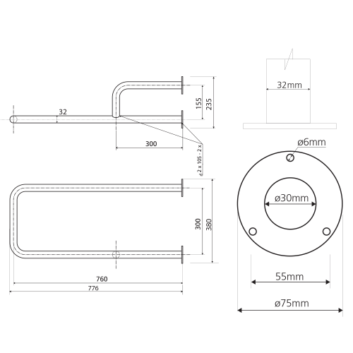 Sapho HANDICAP opěrné madlo LEVÉ 760mm, nerez lesk XH532