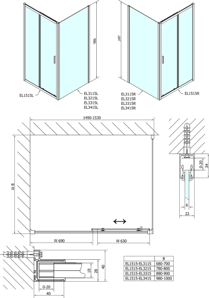 Polysan EASY obdélníkový sprchový kout 1500x700mm, čiré sklo L/P varianta EL1515EL3115