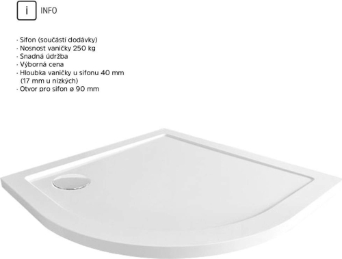 Mereo Čtvrtkruhová sprchová vanička R550, 90x90x4 cm, SMC, bílá, včetně sifonu CV01NS