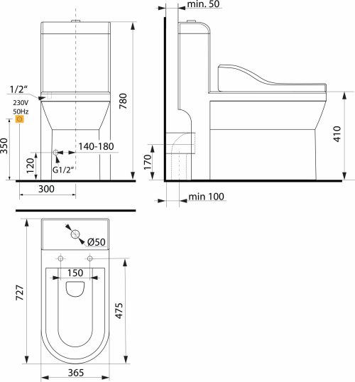 Sapho HUBERT WC kombi s elektronickým bidetem USPA LUX, spodní/zadní odpad, bílá UB-6635RU-2