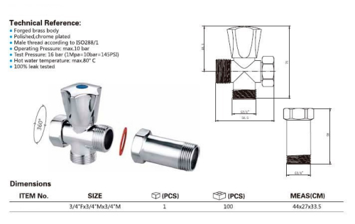 Aqualine Pračkový ventil před nástěnnou baterii se zpět. ventilem 3/4"x3/4", chrom 5315