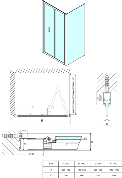 Polysan EASY LINE obdélníkový sprchový kout 700x800mm, skládací dveře, L/P varianta, čiré sklo EL1970EL3215