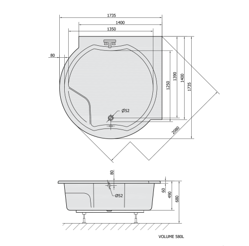 Polysan ROYAL CORNER kulatá vana s konstrukcí 173x173x49cm, bílá 74211