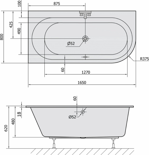 Polysan ASTRA L SLIM asymetrická vana 165x80x48cm, bílá 33611S