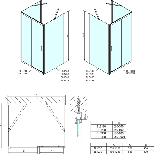 Polysan EASY třístěnný sprchový kout 1100x900mm, L/P varianta, sklo Brick EL1138EL3338EL3338