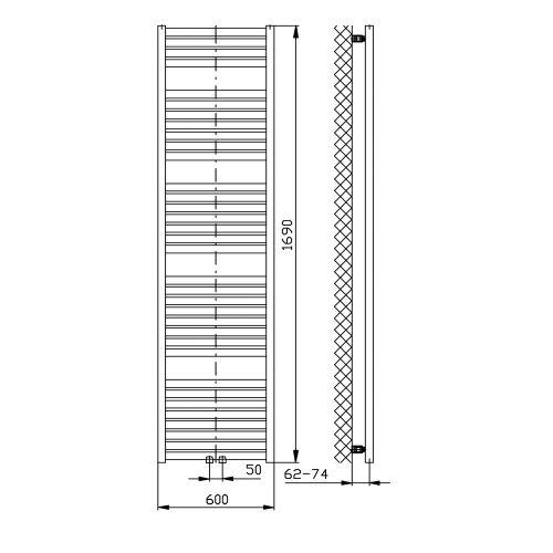 Aqualine TONDI otopné těleso rovné 600x1690 mm, středové připojení, černá mat DT496T