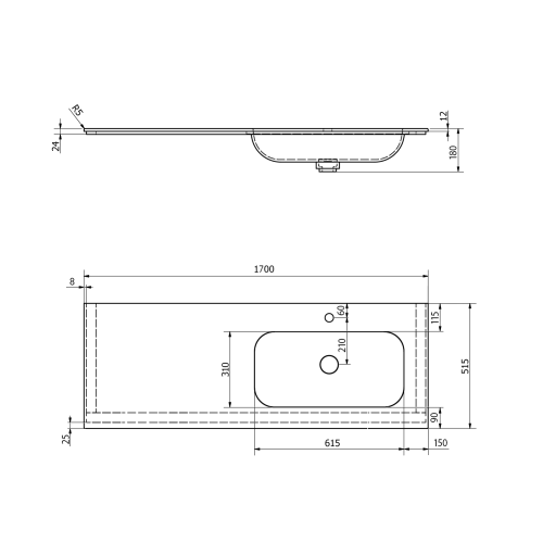 Sapho ARUBA umyvadlo, Rockstone, 170x51, 5cm, pravé, bílá mat AR170-B1R