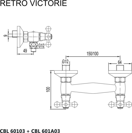 Mereo Sprchová nástěnná baterie, Retro Viktorie, 100 mm, bez příslušenství, chrom CBL601A03