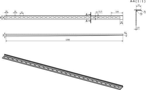 Sapho Spádová lišta, levá, výška 12mm, délka 1200mm, nerez mat SPD1212-L