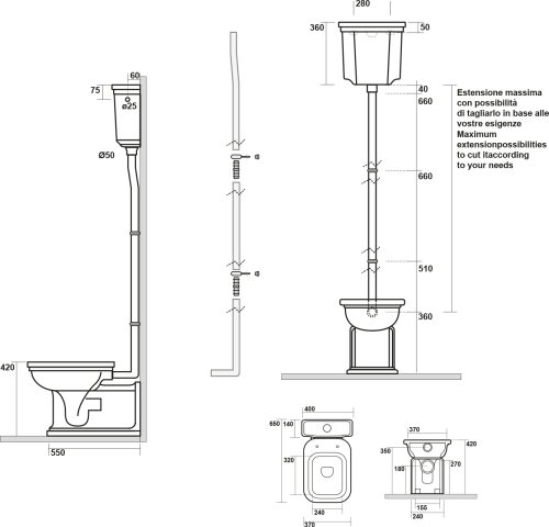 Kerasan WALDORF WC mísa s nádržkou, spodní/zadní odpad, bílá-bronz WCSET20-WALDORF