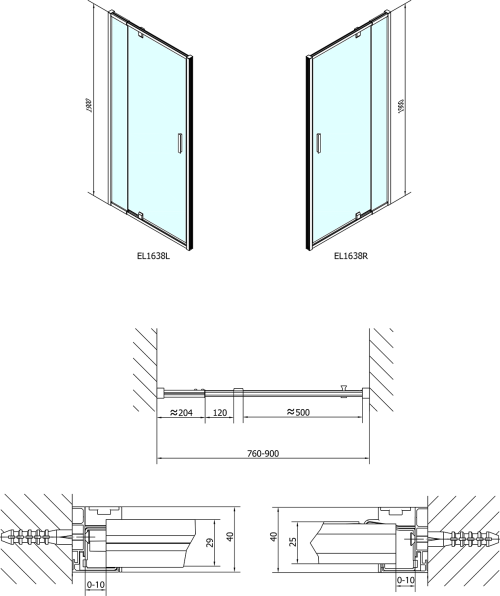 Polysan EASY sprchové dveře otočné 760-900mm, sklo Brick EL1638
