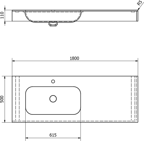Sapho EMICO umyvadlo, Rockstone, 180x50cm, límec L, levé, bílá mat EM180-B1L-L