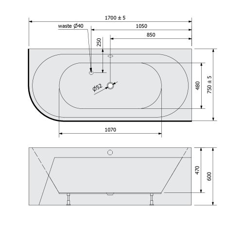 Polysan VIVA R MONOLITH asymetrická vana 170x75x60cm, bílá 78119M