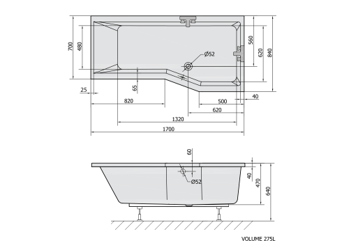 Polysan VERSYS R asymetrická vana 170x84x70x47cm, bílá 70611