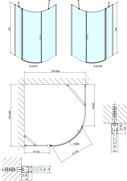 Polysan ZOOM čtvrtkruhová sprchová zástěna 1000x1000mm, čiré sklo, levá ZL2616L