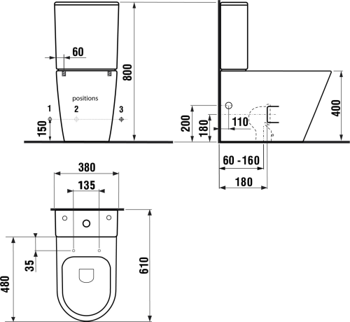 Sapho PACO WC kombi, Rimless, spodní/zadní odpad, černá mat PC1012WRB