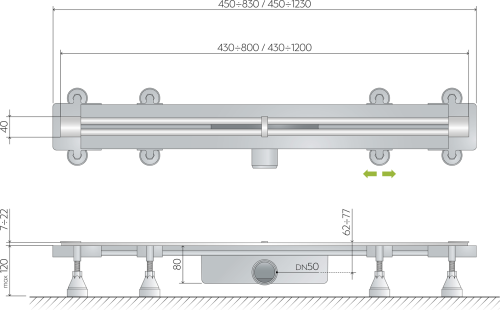 Omp Tea SUMISURA podlahový žlab s nerezovým roštem, L-450-1230, DN50 983.401.8