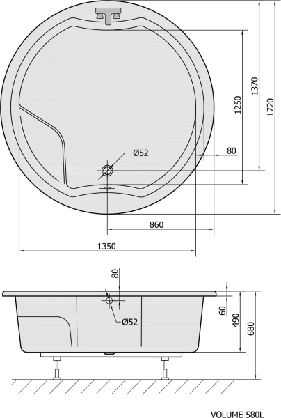 Polysan ROYAL ROUND kulatá vana s konstrukcí 172x172x49cm, bílá 73211
