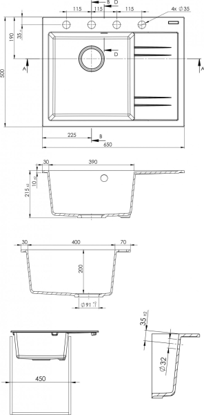 Granitový dřez Sinks RIM 650 L Granblack + Elasta nerez/černá G20430
