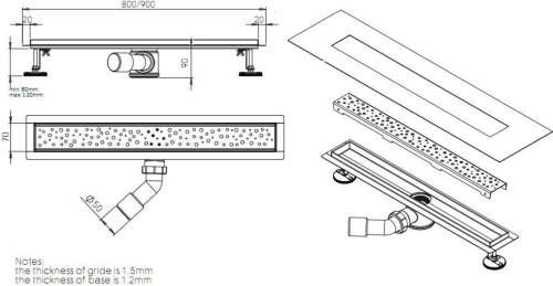 Aqualine BUCANERA nerezový podlahový žlab s roštem, L-900, DN50 NO3190
