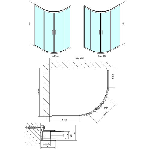 Polysan EASY čtvrtkruhová sprchová zástěna 1200x800mm, L/R, čiré sklo EL2315
