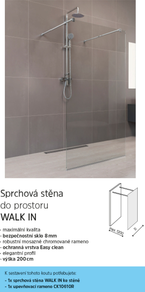 Mereo Sprchová stěna WALK IN, Novea, 120 x 200 cm, chrom ALU, sklo Čiré CK10604H