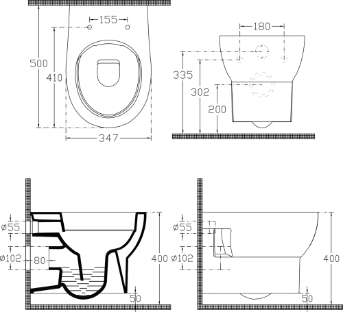 Závěsné WC ABSOLUTE Rimless s podomítkovou nádržkou a tlačítkem Schwab, bílá 10AB02002-SET5