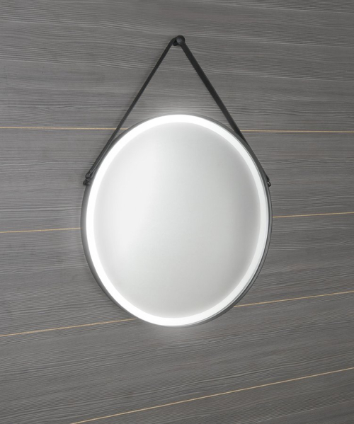 Sapho ORBITER kulaté zrcadlo s LED osvětlením ø 60cm, kožený pásek, černá mat ORL060