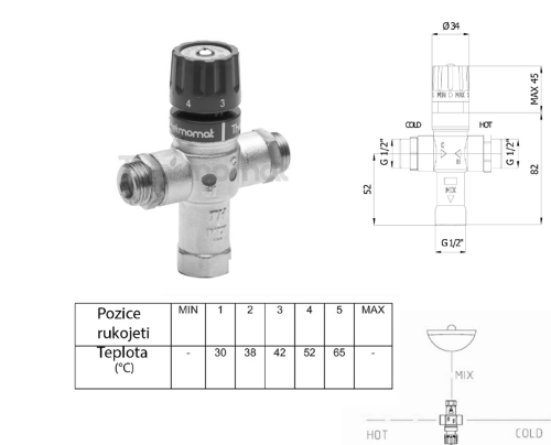 Sapho Termostatický regulátor teploty vody, 1/2", 30-60 stupňů, zpětné klapky TMT12MPM