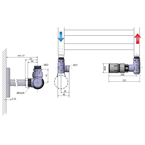 Sapho CORNER COMBI připojovací sada ventilů termostatická triaxiální, pravé provedení, chrom CP3022S