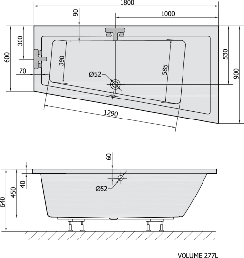 Polysan ANDRA R asymetrická vana 180x90x45cm, černá mat 78771.21