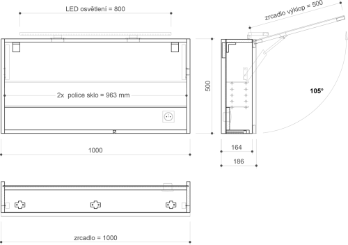Sapho CLOE galerka s LED osvětlením 100x50x18cm, jilm bardini CE100-0013