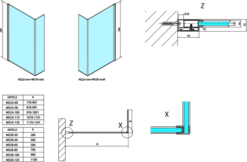 Polysan MODULAR SHOWER stěna k instalaci na zeď, pro připojení pevného panelu, 900 mm MS2A-90