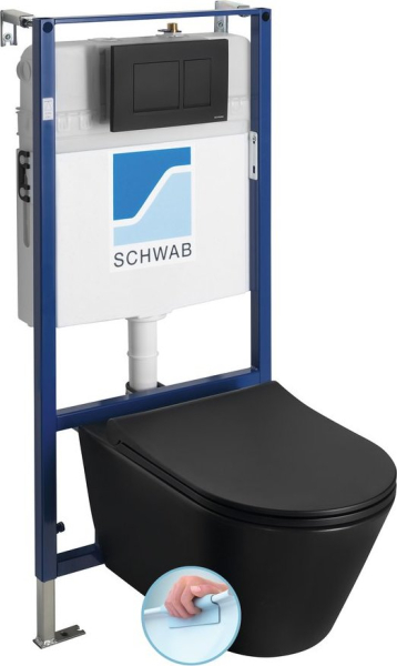 AVVA závěsné WC Rimless s podomítkovou nádržkou a tlačítkem Schwab, černá mat 100314-110-SET5