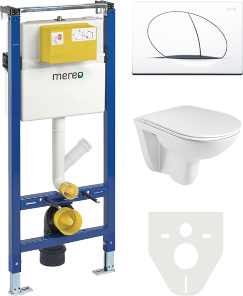 Mereo WC set - Rimless WC, modul pro sádrokarton, bílé oválné tlačítko MM02SETR