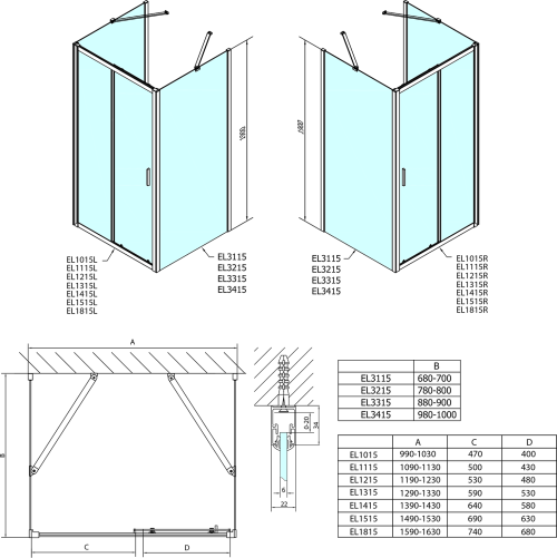 Polysan EASY třístěnný sprchový kout 1000x700mm, L/P varianta, čiré sklo EL1015EL3115EL3115