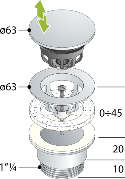 Omp Tea Umyvadlová výpust 5/4“, click-clack, velká zátka, 10-45mm, černá mat 7532.310.5X