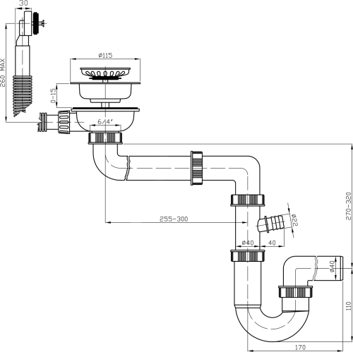 Bruckner Dřezový sifon šetřící místo s přepadem a odbočkou 6/4", včetně pilety, DN40, bílá 155.127.0