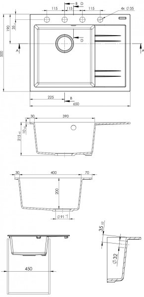 Granitový dřez Sinks RIM 650 L Granblack + Vitalia G2230